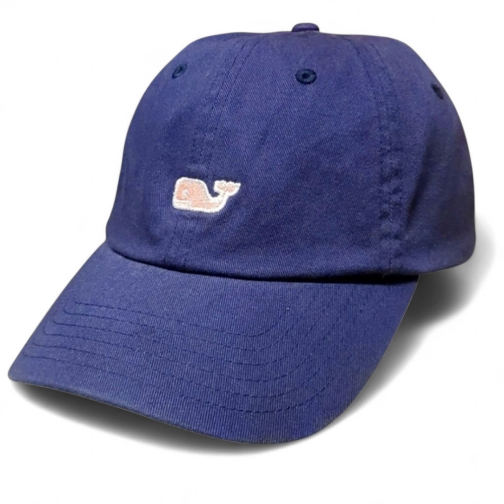 🔥VINEYARD VINES Navy Blue/Pink  Whale Logo Leather Strap Back Baseball Cap OS‎